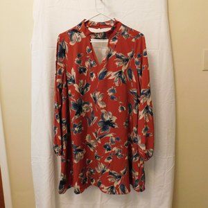 Floral long sleeved lined print a-line dress with high collar v-neck opening